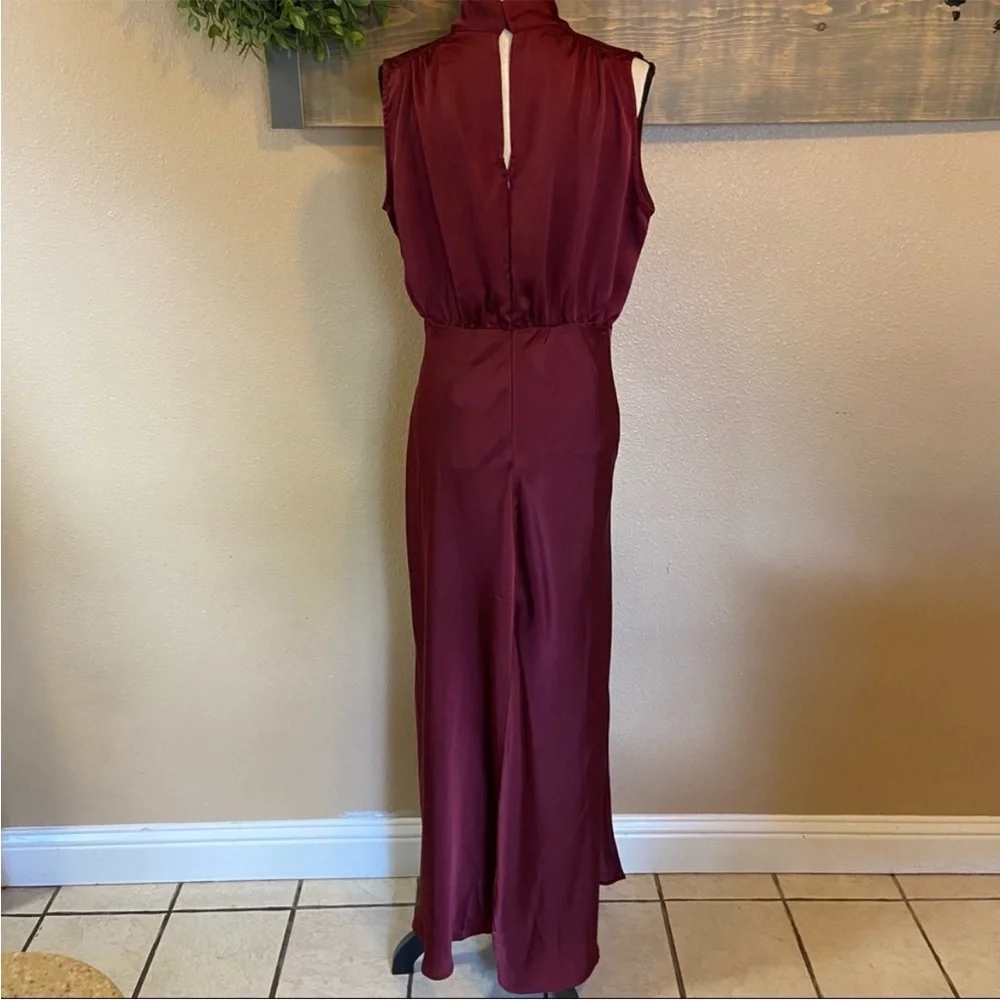Lulus Classic Elegance Wine Satin Sleeveless Mock Neck Maxi Dress - Picture 10 of 12